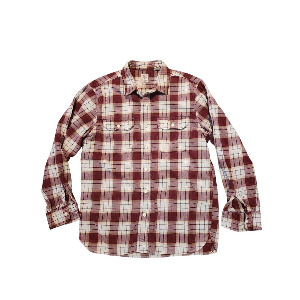 Levi’s Men’s Relaxed Plaid Flannel Button Front Shirt Medium Burgundy Cream